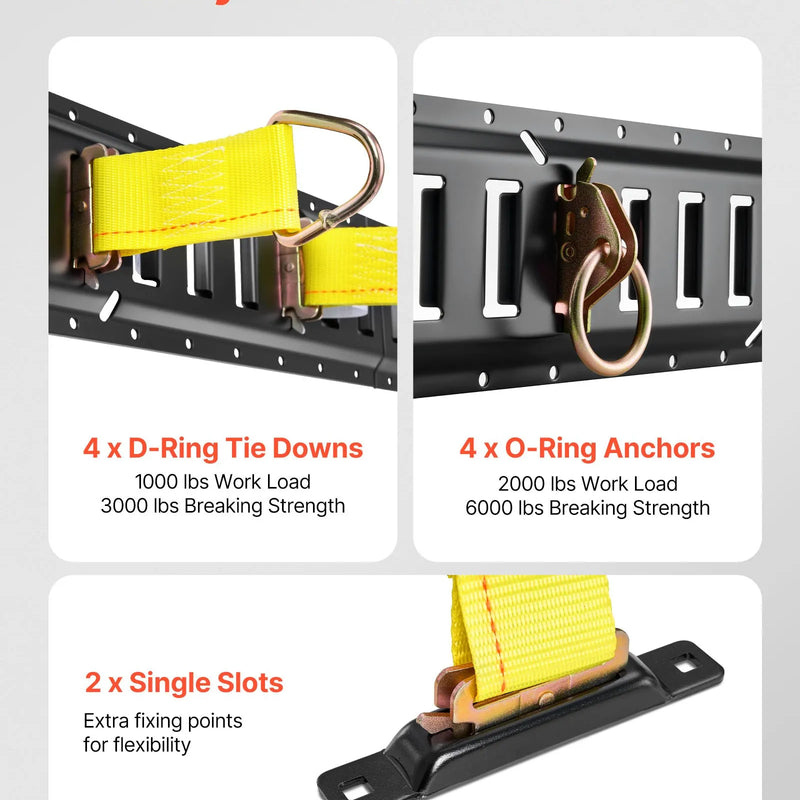 VEVOR E-Track nostiprināšanas sliežu komplekts, 4 gab., 0,4 m E-Track sliedes, 21 daļa: 2 siksnas ar sprādzi, 4 O-gredzeni, 4 D-gredzenu stiprinājumi, 2 vienas atveres turētāji, 8 gala vāciņi, 1 soma, piemērots garāžām, furgoniem un piekabēm