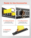 VEVOR E-Track nostiprināšanas sliežu komplekts, 4 gab., 0,4 m E-Track sliedes, 21 daļa: 2 siksnas ar sprādzi, 4 O-gredzeni, 4 D-gredzenu stiprinājumi, 2 vienas atveres turētāji, 8 gala vāciņi, 1 soma, piemērots garāžām, furgoniem un piekabēm