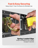 VEVOR E-Track nostiprināšanas sliežu komplekts, 4 gab., 0,4 m E-Track sliedes, 21 daļa: 2 siksnas ar sprādzi, 4 O-gredzeni, 4 D-gredzenu stiprinājumi, 2 vienas atveres turētāji, 8 gala vāciņi, 1 soma, piemērots garāžām, furgoniem un piekabēm