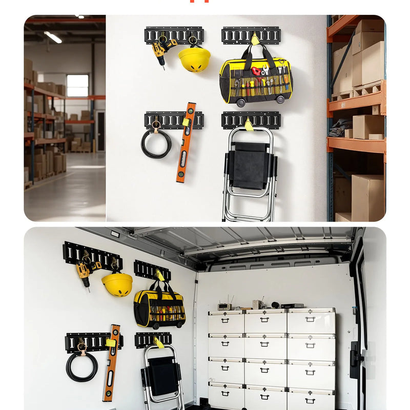 VEVOR E-Track nostiprināšanas sliežu komplekts, 4 gab., 0,4 m E-Track sliedes, 21 daļa: 2 siksnas ar sprādzi, 4 O-gredzeni, 4 D-gredzenu stiprinājumi, 2 vienas atveres turētāji, 8 gala vāciņi, 1 soma, piemērots garāžām, furgoniem un piekabēm