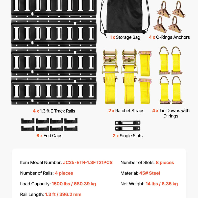 VEVOR E-Track nostiprināšanas sliežu komplekts, 4 gab., 0,4 m E-Track sliedes, 21 daļa: 2 siksnas ar sprādzi, 4 O-gredzeni, 4 D-gredzenu stiprinājumi, 2 vienas atveres turētāji, 8 gala vāciņi, 1 soma, piemērots garāžām, furgoniem un piekabēm