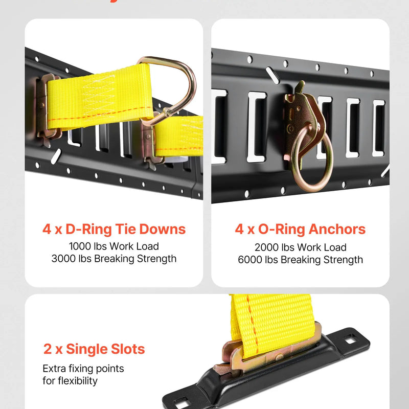 VEVOR E-Track nostiprināšanas sliežu komplekts, 4 gab., 0,6 m E-Track sliedes, 20 daļas: 2 siksnas ar sprādzi, 4 O-gredzeni, 4 D-gredzenu stiprinājumi, 2 vienas atveres turētāji, 8 gala vāciņi, piemērots garāžām, furgoniem un piekabēm