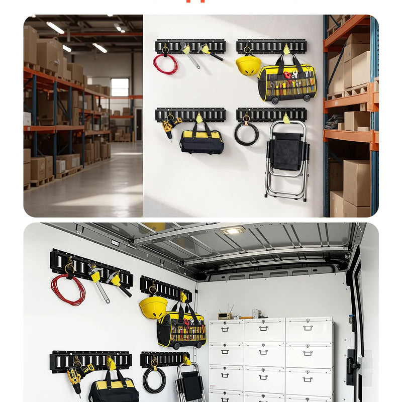 VEVOR E-Track nostiprināšanas sliežu komplekts, 4 gab., 0,6 m E-Track sliedes, 20 daļas: 2 siksnas ar sprādzi, 4 O-gredzeni, 4 D-gredzenu stiprinājumi, 2 vienas atveres turētāji, 8 gala vāciņi, piemērots garāžām, furgoniem un piekabēm