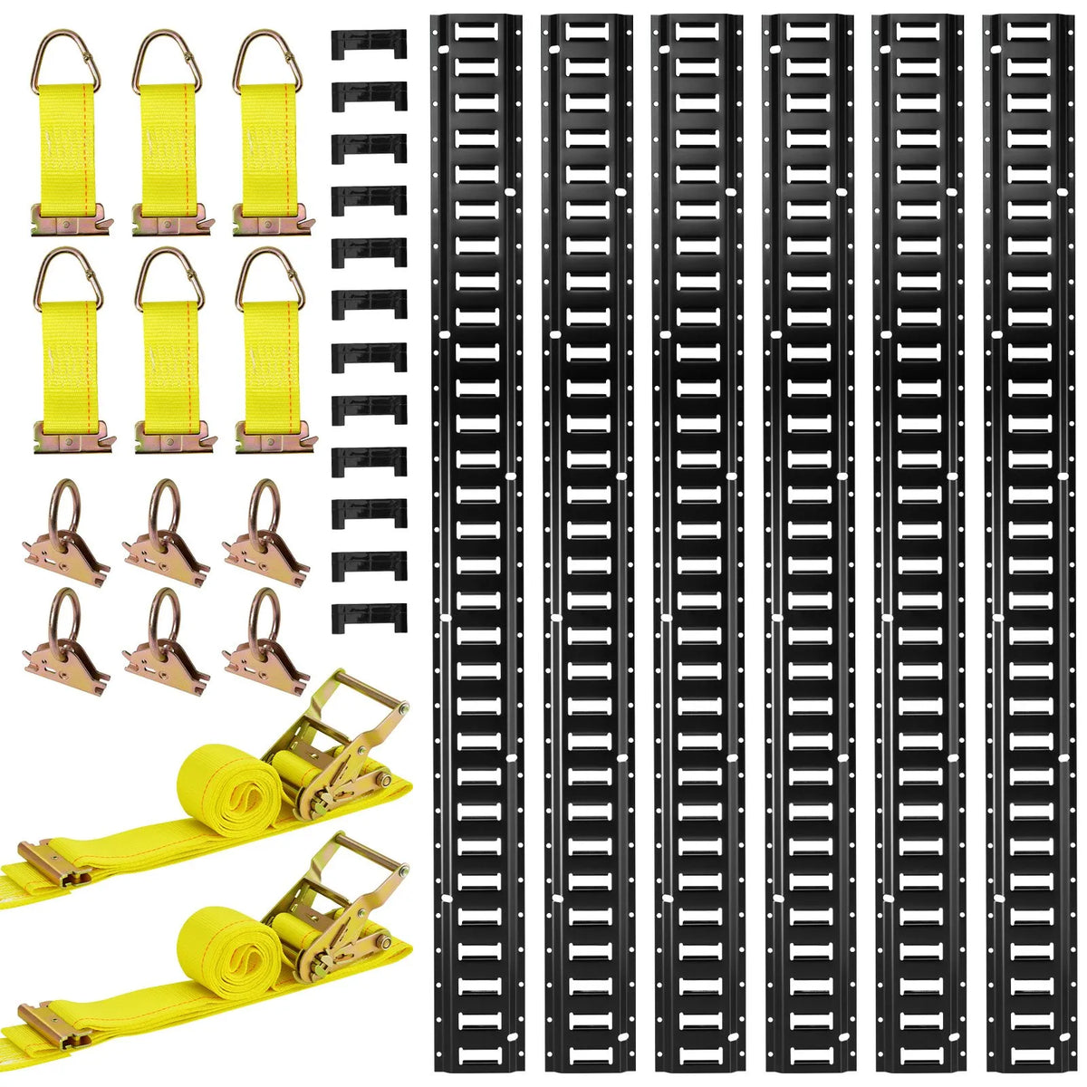 VEVOR E-Track Fastening Rail Kit, 6 pcs, 1.5 m E-Track Rails, 26 Parts, Including 2 Ratchet Straps, 6 O Rings, 6 D Ring Fasteners and 12 End Caps, Suitable for Garages, Vans, Trailers and Motorcycles