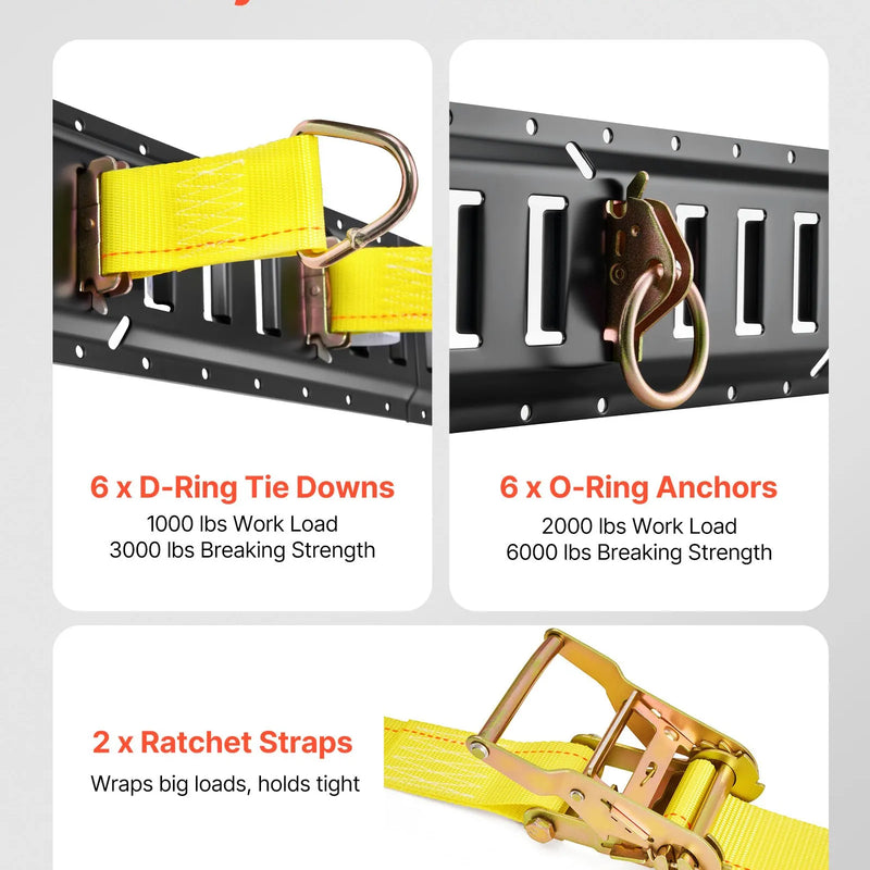VEVOR E-Track nostiprināšanas sliežu komplekts, 6 gab., 1,5 m E-Track sliedes, 26 daļas, ieskaitot 2 siksnas ar sprādzi, 6 O gredzenus, 6 D gredzenu stiprinājumus un 12 gala vāciņus, piemērots garāžām, furgoniem, piekabēm un motocikliem