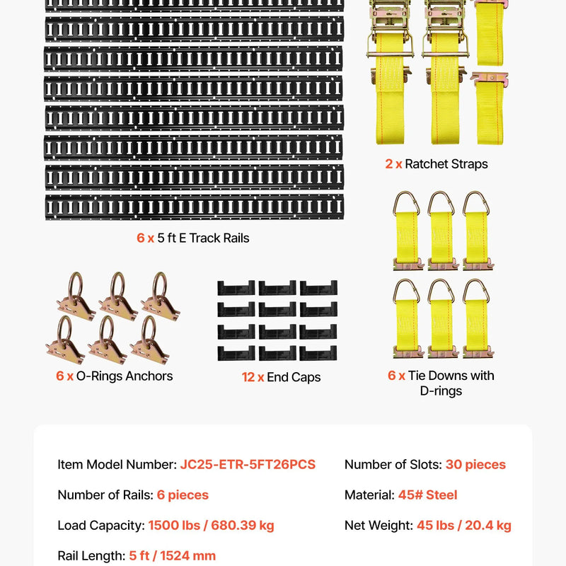 VEVOR E-Track nostiprināšanas sliežu komplekts, 6 gab., 1,5 m E-Track sliedes, 26 daļas, ieskaitot 2 siksnas ar sprādzi, 6 O gredzenus, 6 D gredzenu stiprinājumus un 12 gala vāciņus, piemērots garāžām, furgoniem, piekabēm un motocikliem