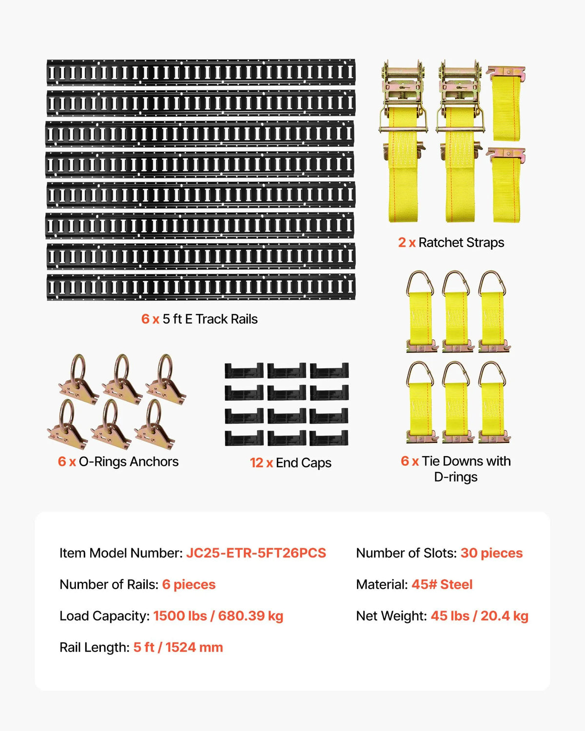 VEVOR E-Track Fastening Rail Kit, 6 pcs, 1.5 m E-Track Rails, 26 Parts, Including 2 Ratchet Straps, 6 O Rings, 6 D Ring Fasteners and 12 End Caps, Suitable for Garages, Vans, Trailers and Motorcycles