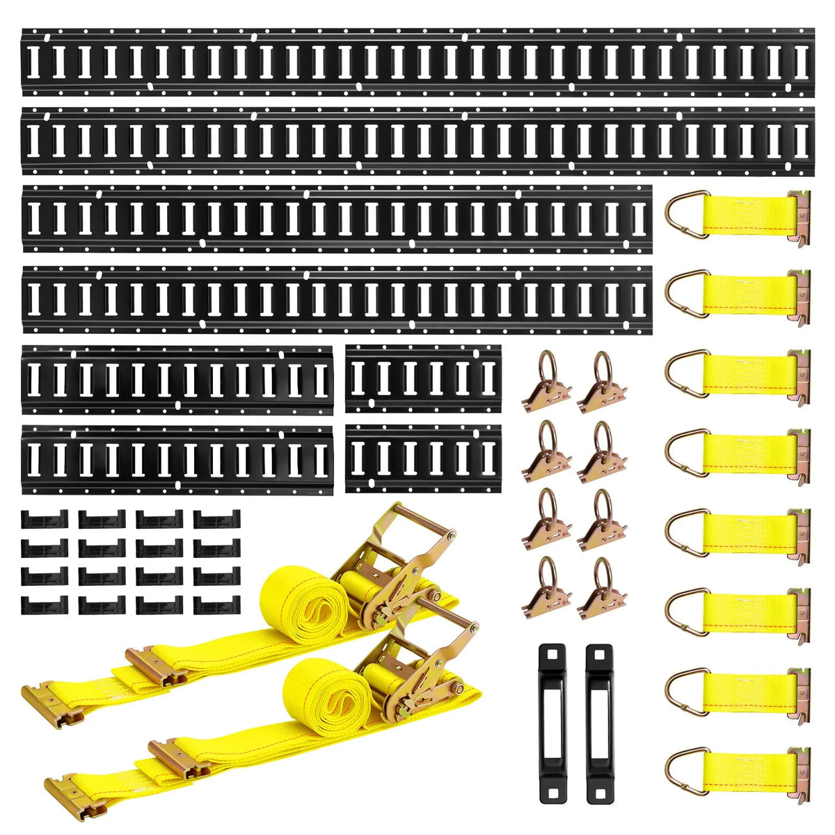VEVOR E-Track Fastening Rail Kit, 8 pcs (1.5 m+1.2 m+0.6 m+0.3 m), 36 Parts: 2 Straps with Buckles, 8 O-Rings, 8 D-Ring Fasteners, 2 Single-Hole Holders, 16 End Caps, Suitable for Vans and Trailers