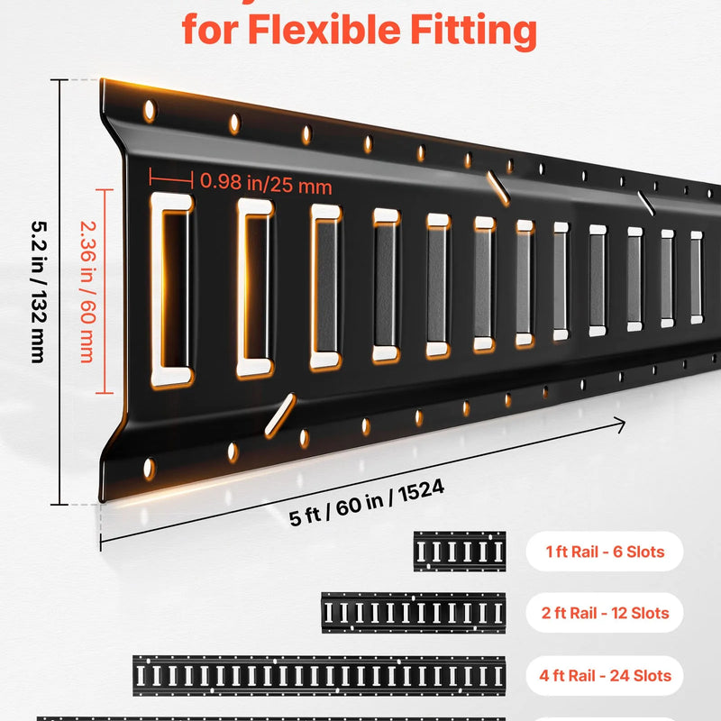 VEVOR E-Track nostiprināšanas sliežu komplekts, 8 gab. (1,5 m+1,2 m+0,6 m+0,3 m), 36 daļas: 2 siksnas ar sprādzi, 8 O-gredzeni, 8 D-gredzenu stiprinājumi, 2 vienas atveres turētāji, 16 gala vāciņi, piemērots furgoniem un piekabēm