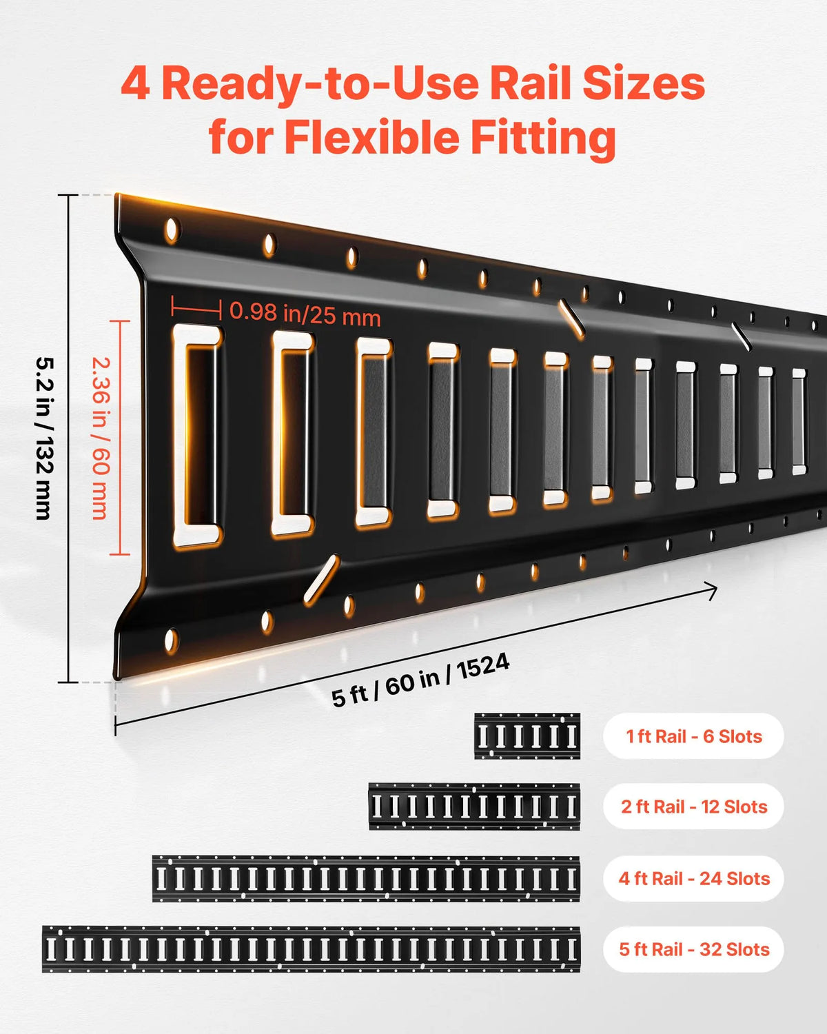 VEVOR E-Track Fastening Rail Kit, 8 pcs (1.5 m+1.2 m+0.6 m+0.3 m), 36 Parts: 2 Straps with Buckles, 8 O-Rings, 8 D-Ring Fasteners, 2 Single-Hole Holders, 16 End Caps, Suitable for Vans and Trailers