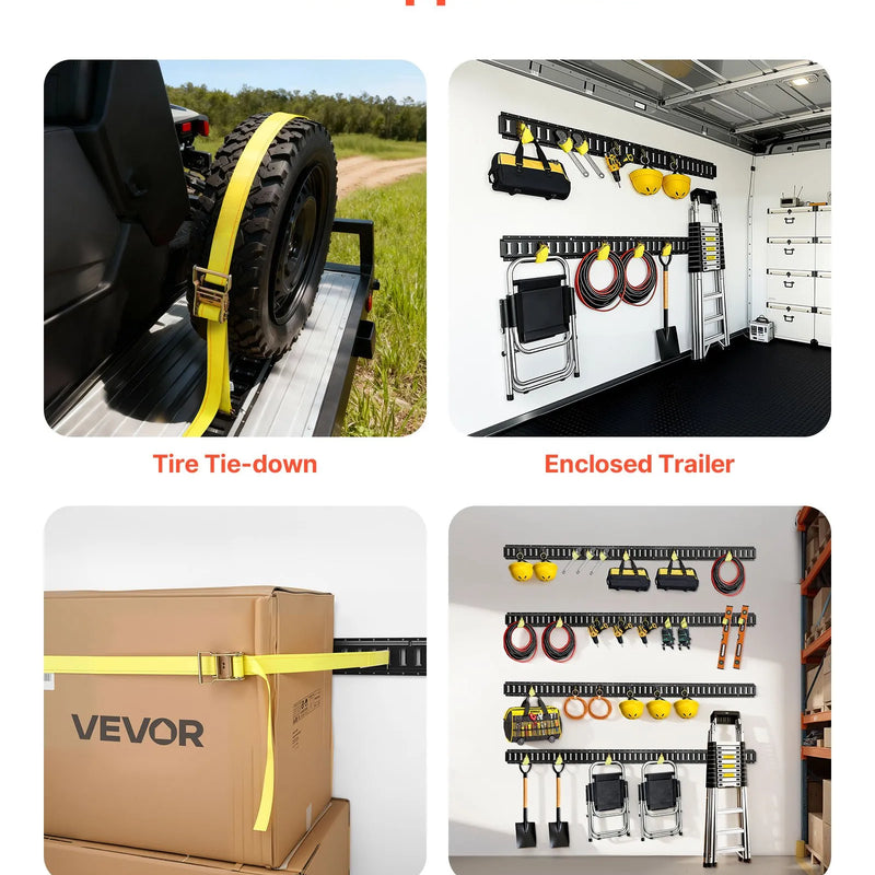 VEVOR E-Track nostiprināšanas sliežu komplekts, 8 gab. (1,5 m+1,2 m+0,6 m+0,3 m), 36 daļas: 2 siksnas ar sprādzi, 8 O-gredzeni, 8 D-gredzenu stiprinājumi, 2 vienas atveres turētāji, 16 gala vāciņi, piemērots furgoniem un piekabēm