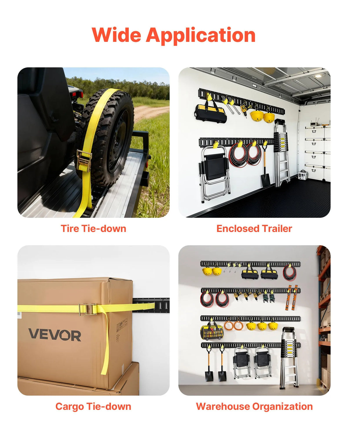 VEVOR E-Track Fastening Rail Kit, 8 pcs (1.5 m+1.2 m+0.6 m+0.3 m), 36 Parts: 2 Straps with Buckles, 8 O-Rings, 8 D-Ring Fasteners, 2 Single-Hole Holders, 16 End Caps, Suitable for Vans and Trailers