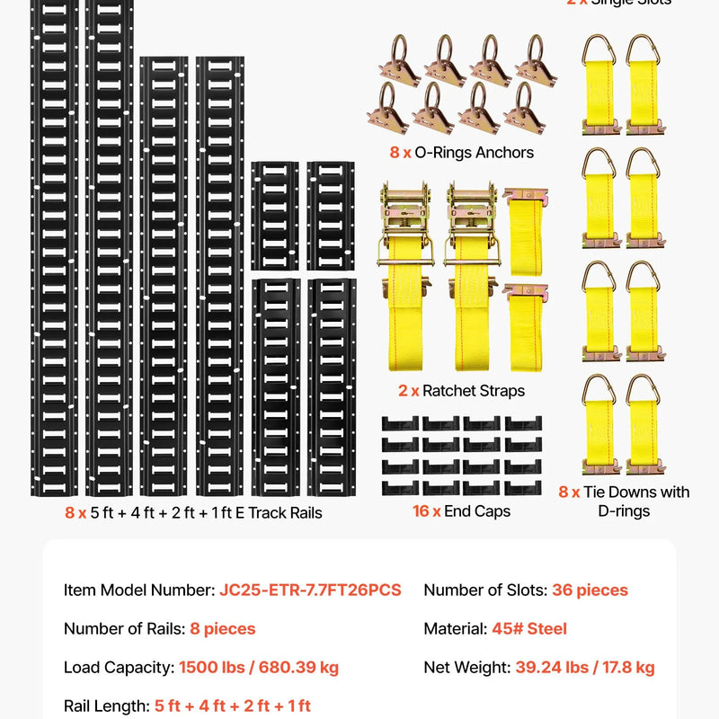 VEVOR E-Track nostiprināšanas sliežu komplekts, 8 gab. (1,5 m+1,2 m+0,6 m+0,3 m), 36 daļas: 2 siksnas ar sprādzi, 8 O-gredzeni, 8 D-gredzenu stiprinājumi, 2 vienas atveres turētāji, 16 gala vāciņi, piemērots furgoniem un piekabēm