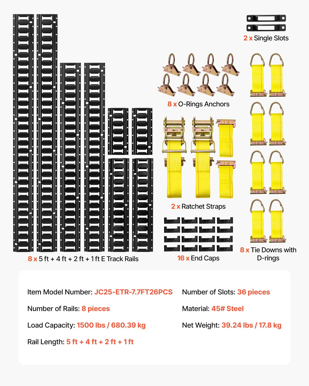VEVOR E-Track Fastening Rail Kit, 8 pcs (1.5 m+1.2 m+0.6 m+0.3 m), 36 Parts: 2 Straps with Buckles, 8 O-Rings, 8 D-Ring Fasteners, 2 Single-Hole Holders, 16 End Caps, Suitable for Vans and Trailers