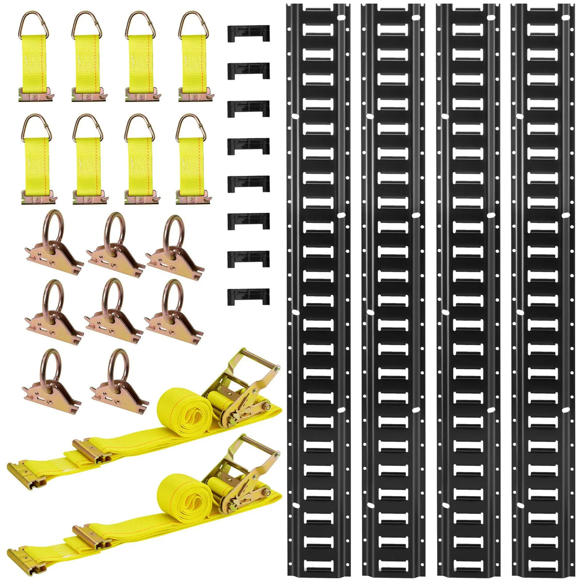 VEVOR E-Track nostiprināšanas sliežu komplekts, 4 gab., 2,3 m E-Track sliedes, 26 daļas: 2 siksnas ar sprādzi, 8 O-gredzeni, 8 D-gredzenu stiprinājumi, 8 gala vāciņi, piemērots garāžām, furgoniem, piekabēm un motocikliem.