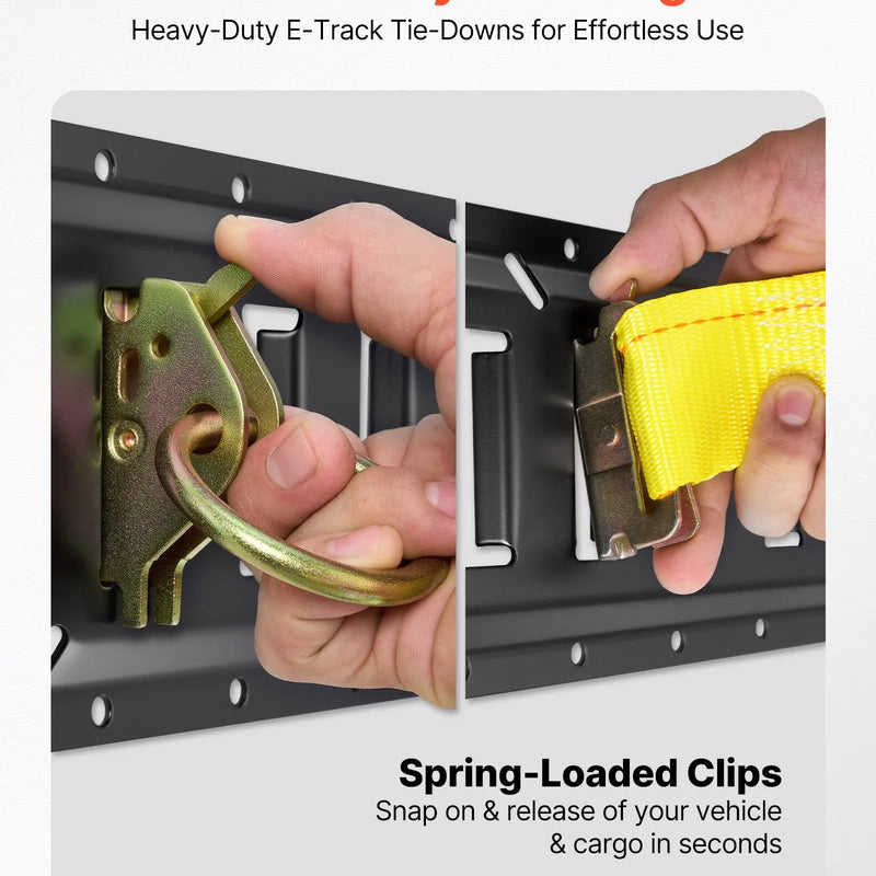 VEVOR E-Track nostiprināšanas sliežu komplekts, 4 gab., 2,3 m E-Track sliedes, 26 daļas: 2 siksnas ar sprādzi, 8 O-gredzeni, 8 D-gredzenu stiprinājumi, 8 gala vāciņi, piemērots garāžām, furgoniem, piekabēm un motocikliem