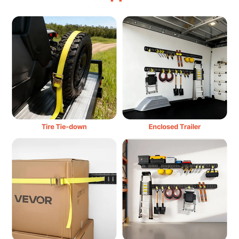 VEVOR E-Track nostiprināšanas sliežu komplekts, 4 gab., 2,3 m E-Track sliedes, 26 daļas: 2 siksnas ar sprādzi, 8 O-gredzeni, 8 D-gredzenu stiprinājumi, 8 gala vāciņi, piemērots garāžām, furgoniem, piekabēm un motocikliem