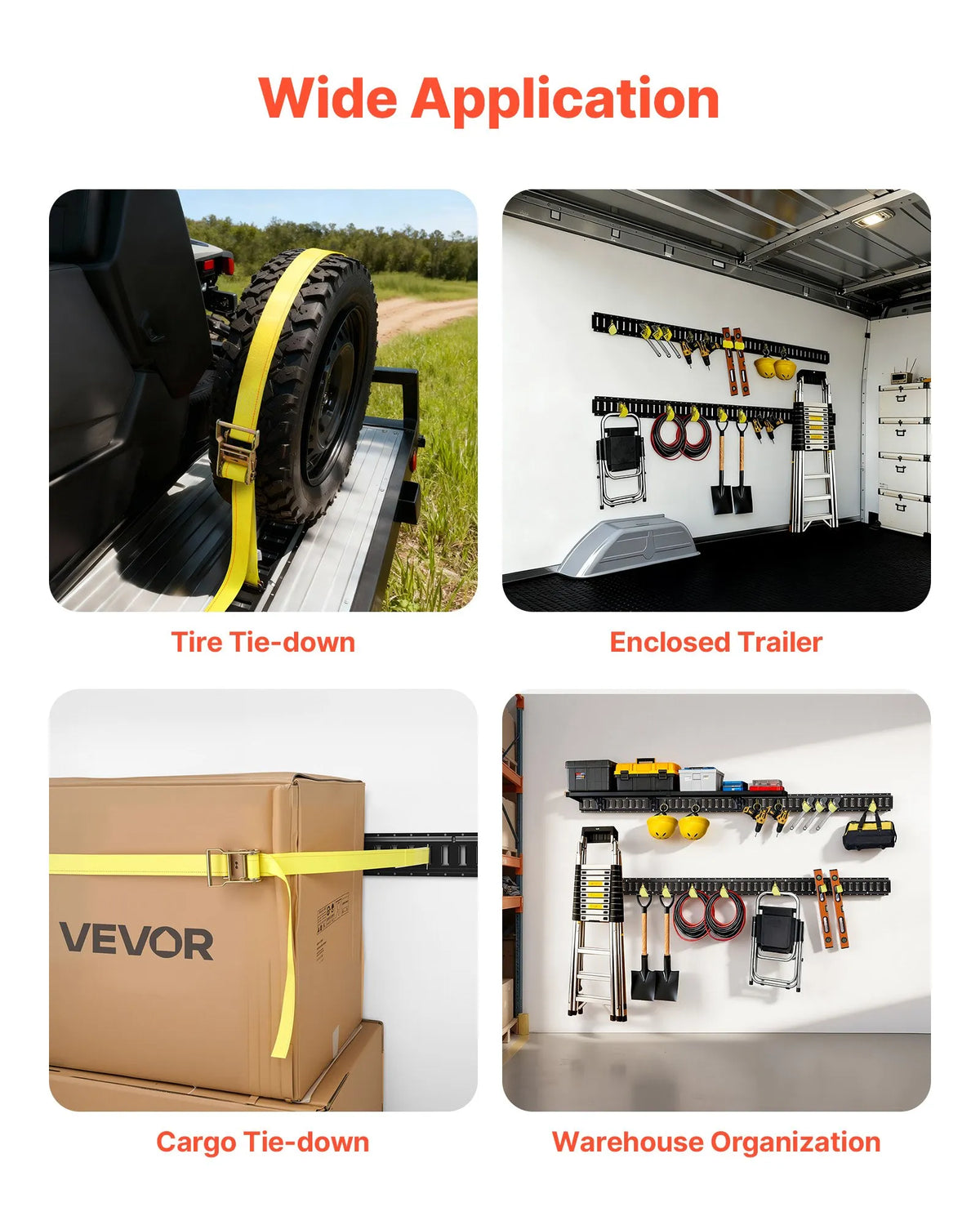 VEVOR E-Track nostiprināšanas sliežu komplekts, 4 gab., 2,3 m E-Track sliedes, 26 daļas: 2 siksnas ar sprādzi, 8 O-gredzeni, 8 D-gredzenu stiprinājumi, 8 gala vāciņi, piemērots garāžām, furgoniem, piekabēm un motocikliem.