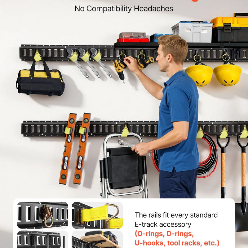 VEVOR E-Track nostiprināšanas sliedes, 4 gab., 2,3 m sliedes, nodrošina kravas un smagu priekšmetu nostiprināšanu līdz 909 kg, piemērots garāžām, furgoniem, motociklu un ATV stiprinājumiem