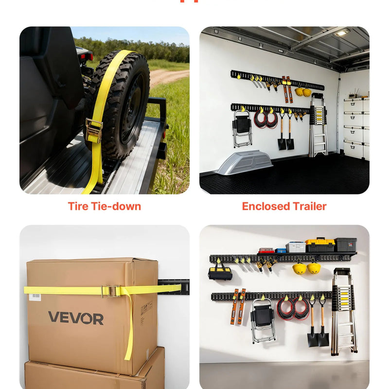 VEVOR E-Track nostiprināšanas sliedes, 4 gab., 2,3 m sliedes, nodrošina kravas un smagu priekšmetu nostiprināšanu līdz 909 kg, piemērots garāžām, furgoniem, motociklu un ATV stiprinājumiem