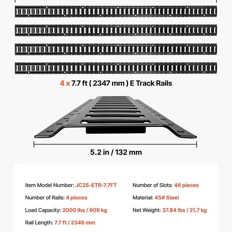 VEVOR E-Track nostiprināšanas sliedes, 4 gab., 2,3 m sliedes, nodrošina kravas un smagu priekšmetu nostiprināšanu līdz 909 kg, piemērots garāžām, furgoniem, motociklu un ATV stiprinājumiem