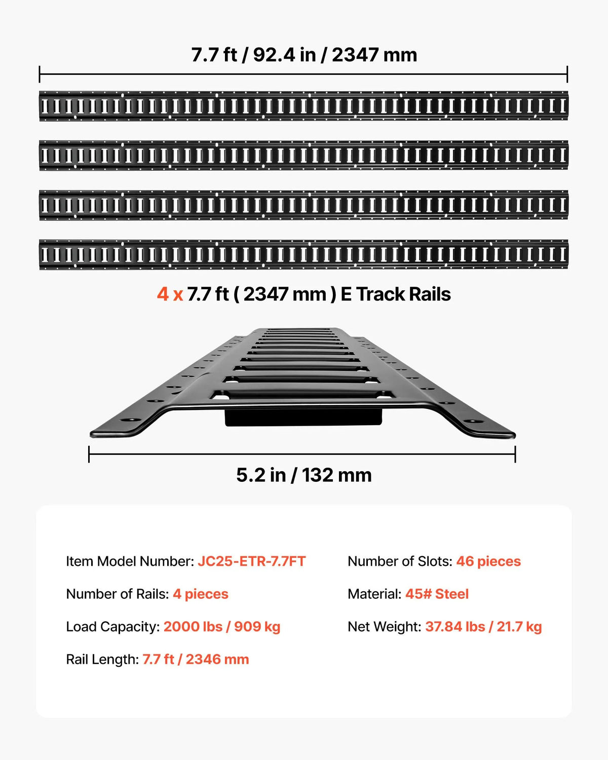 VEVOR E-Track Mounting Rails, 4 Pieces, 2.3 m Rails, Secure Cargo and Heavy Items up to 909 kg, Suitable for Garages, Vans, Motorcycle and ATV Fastening