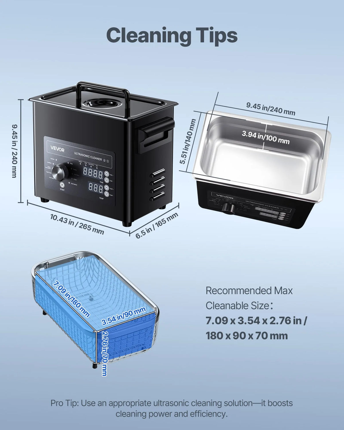VEVOR 3 l Ultrasonic Cleaner, Professional Ultrasonic Cleaning Machine with Button Control, Stainless Steel Cleaning Equipment with Basket and Cleaning Ball, for Watches, Razors, Jewellery, Coins and More