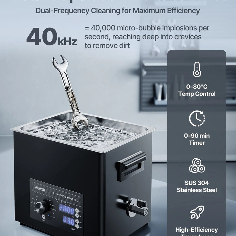 VEVOR 10 l ultraskaņas tīrītājs, profesionāla ultraskaņas tīrīšanas iekārta ar mehānisku vadību, nerūsējošā tērauda tīrīšanas ierīce ar grozu un tīrīšanas bumbiņu pulksteņiem, skuvekļiem, rotaslietām, monētām un citiem priekšmetiem