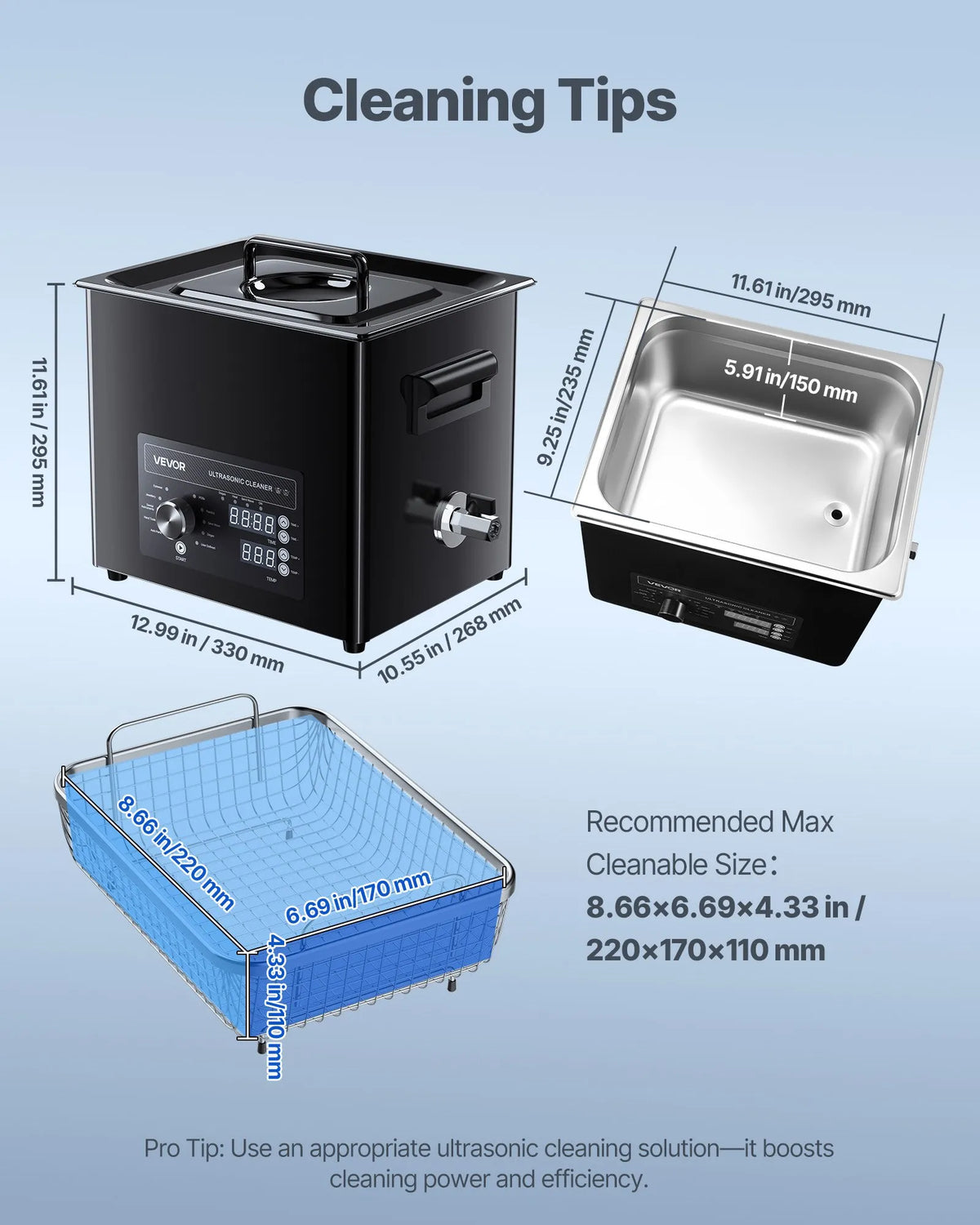 VEVOR 10 l Ultrasonic Cleaner, Professional Ultrasonic Cleaning Machine with Manual Control, Stainless Steel Cleaning Device with Basket and Cleaning Balls for Watches, Razors, Jewellery, Coins and Other Items