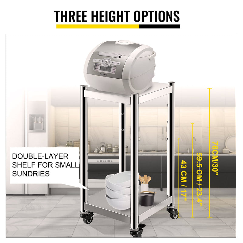 VEVOR rīsu sildītāja statīvs, 35,5 x 35,5 cm, nerūsējošais tērauds, ar diviem apakšplauktiem un riteņiem