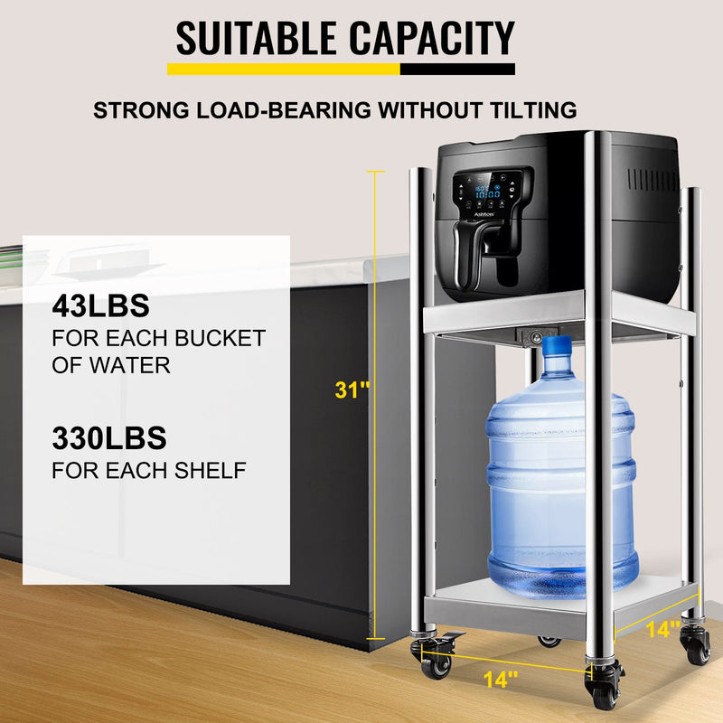 VEVOR rīsu sildītāja statīvs, 35,5 x 35,5 cm, nerūsējošais tērauds, ar diviem apakšplauktiem un riteņiem