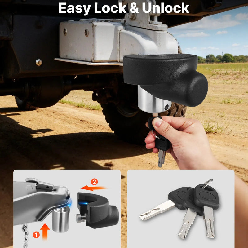 VEVOR piekabes sakabes slēdzene, saderīga ar 58,7 mm sakabēm, pastiprināta pretaizdzīšanas lodveida slēdzene ar 3 atslēgām, izturīga pret uzlaušanu un triecieniem, piemērota kemperiem, laivām, bezceļu transportlīdzekļiem un piekabēm