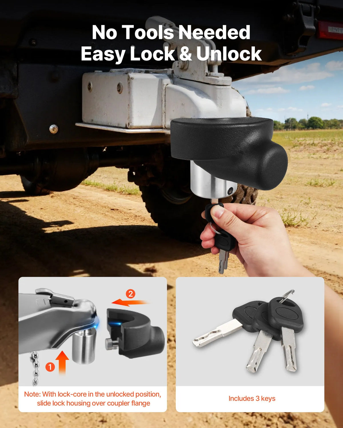 VEVOR Trailer Coupling Lock, Compatible with 58.7 mm Couplings, Reinforced Anti-Theft Ball Lock with 3 Keys, Resistant to Breaking and Impact, Suitable for Caravans, Boats, Off-Road Vehicles and Trailers