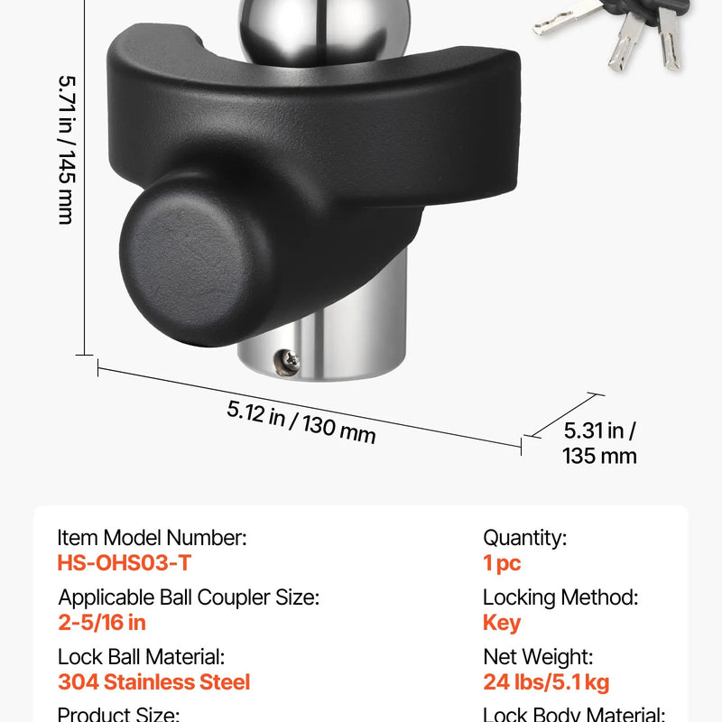 VEVOR piekabes sakabes slēdzene, saderīga ar 58,7 mm sakabēm, pastiprināta pretaizdzīšanas lodveida slēdzene ar 3 atslēgām, izturīga pret uzlaušanu un triecieniem, piemērota kemperiem, laivām, bezceļu transportlīdzekļiem un piekabēm