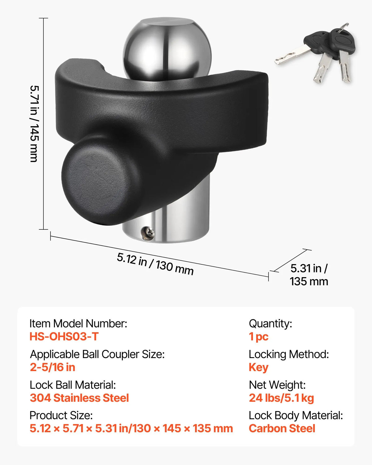 VEVOR Trailer Coupling Lock, Compatible with 58.7 mm Couplings, Reinforced Anti-Theft Ball Lock with 3 Keys, Resistant to Breaking and Impact, Suitable for Caravans, Boats, Off-Road Vehicles and Trailers