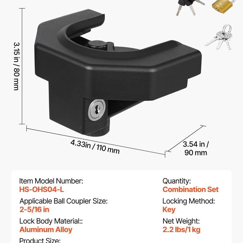 VEVOR piekabes sakabes slēdzenes komplekts, saderīgs ar 58,7 mm sakabēm, izturīga pretaizdzīšanas piekabes lodveida sakabes slēdzene ar 3 atslēgām un piekaramo slēdzeni, izturīga pret uzlaušanu un triecieniem, piemērota kemperiem, laivām un piekabēm