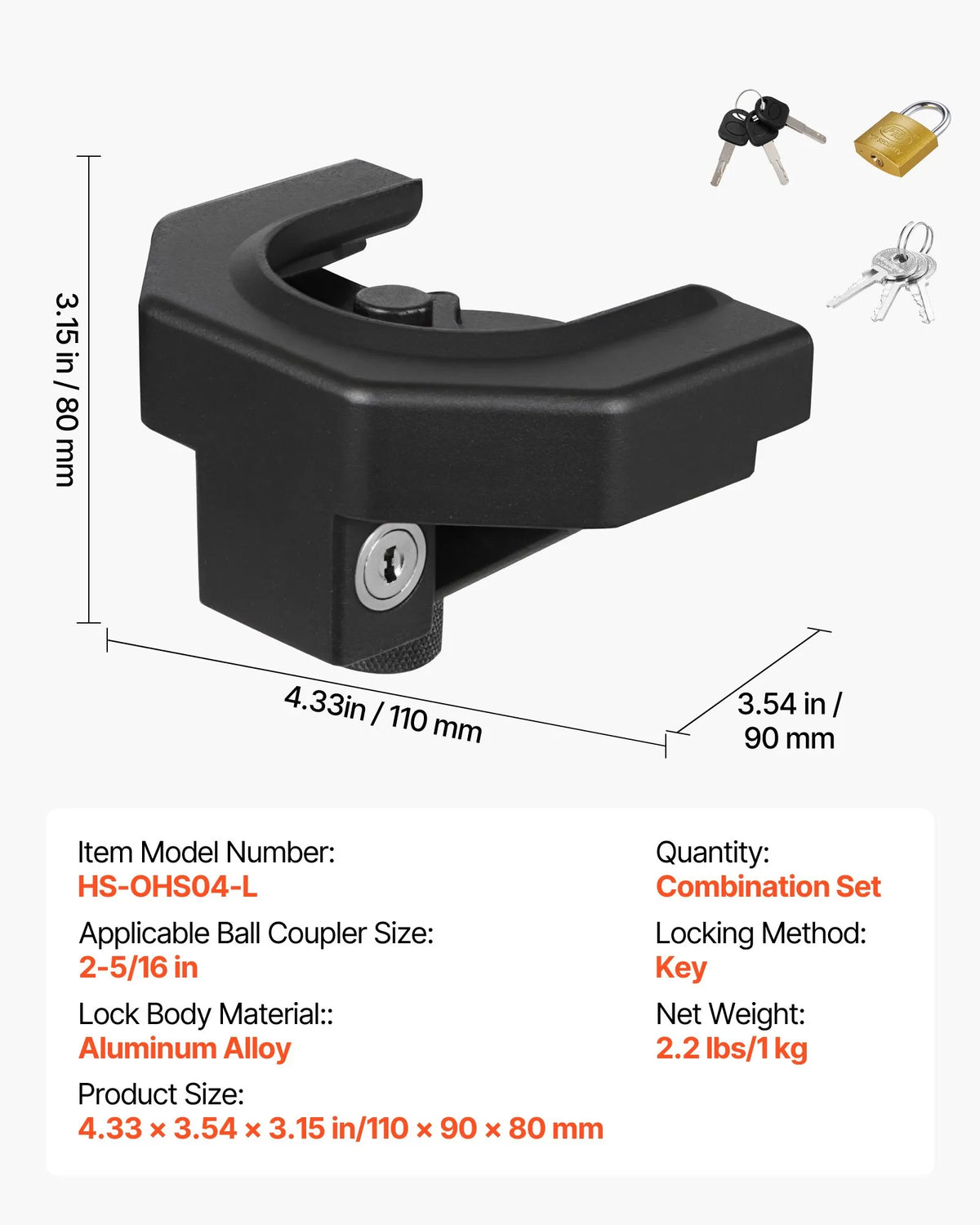 VEVOR Trailer Coupling Lock Set, Compatible with 58.7 mm Couplings, Durable Anti-Theft Trailer Ball Coupling Lock with 3 Keys and Padlock, Resistant to Breaking and Impact, Suitable for Caravans, Boats and Trailers