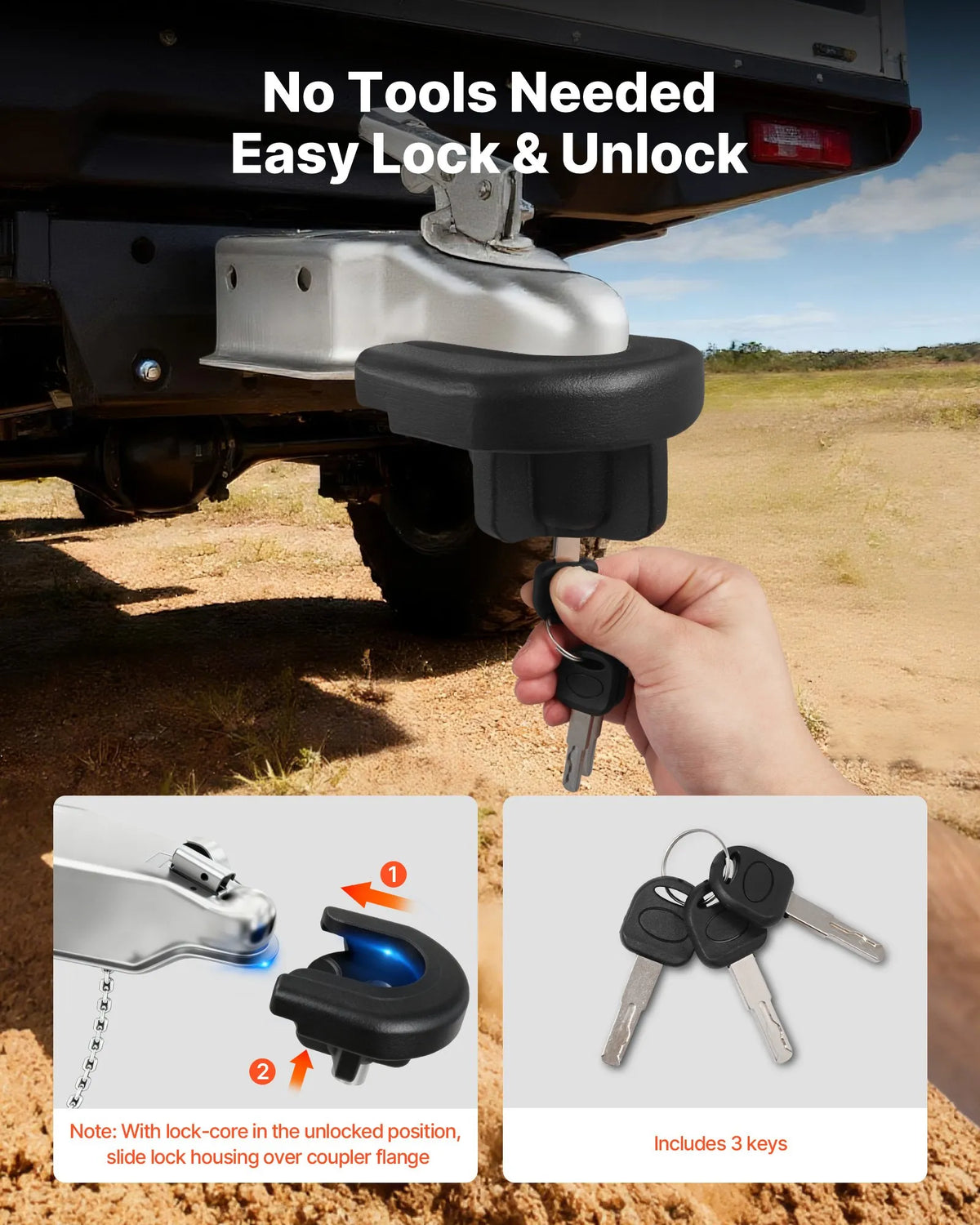 VEVOR Trailer Hitch Lock, Compatible with 50.8 mm Couplers, Reinforced Anti-Theft Ball Lock with 3 Keys, Resistant to Breaking and Impact, Suitable for Caravans, Boats, Off-Road Vehicles and Trailers