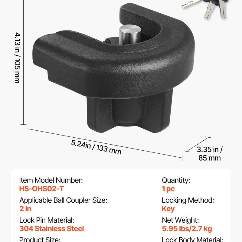 VEVOR piekabes sakabes slēdzene, saderīga ar 50,8 mm sakabēm, pastiprināta pretaizdzīšanas lodveida slēdzene ar 3 atslēgām, izturīga pret uzlaušanu un triecieniem, piemērota kemperiem, laivām, bezceļu transportlīdzekļiem un piekabēm