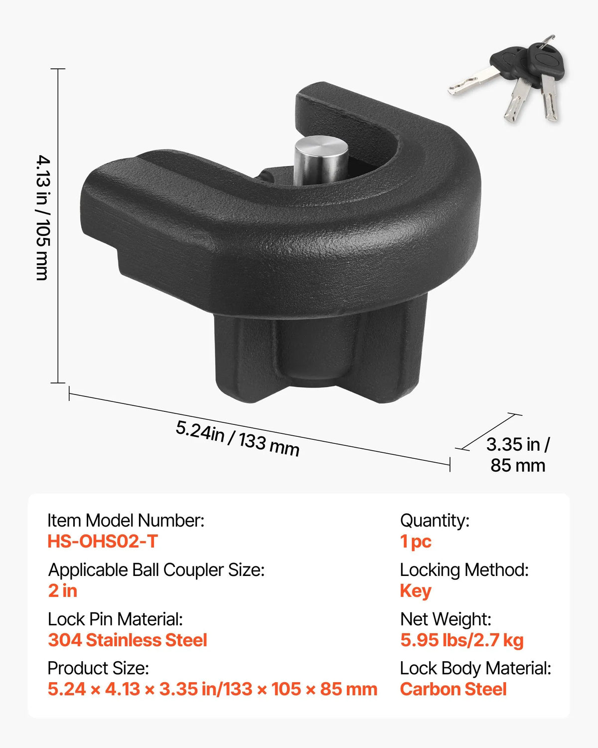 VEVOR Trailer Hitch Lock, Compatible with 50.8 mm Couplers, Reinforced Anti-Theft Ball Lock with 3 Keys, Resistant to Breaking and Impact, Suitable for Caravans, Boats, Off-Road Vehicles and Trailers