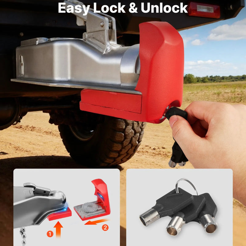VEVOR piekabes sakabes slēdzene, piemērota 46 mm, 50,8 mm un 58,7 mm sakabēm, pastiprināta pretzagļu piekabes lodveida slēdzene ar 3 atslēgām, izturīga pret uzlaušanu un triecieniem, piemērota kemperiem, laivām un piekabēm, sarkana