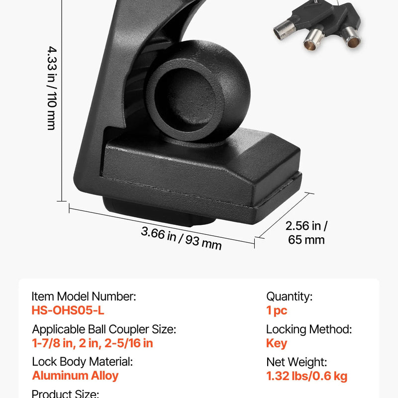 VEVOR piekabes sakabes slēdzene, piemērota 46 mm, 50,8 mm un 58,7 mm sakabēm, pastiprināta pretzagļu lodveida sakabes slēdzene ar 3 atslēgām, izturīga pret uzlaušanu un triecieniem, piemērota kemperiem, laivām un piekabēm, melna