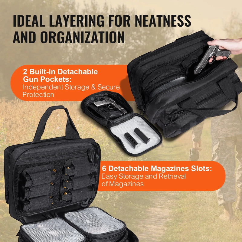 Taktiskā šautuves soma divām pistolēm — 2 noņemamas somiņas, 6 magazīnas, aizslēdzama, melna