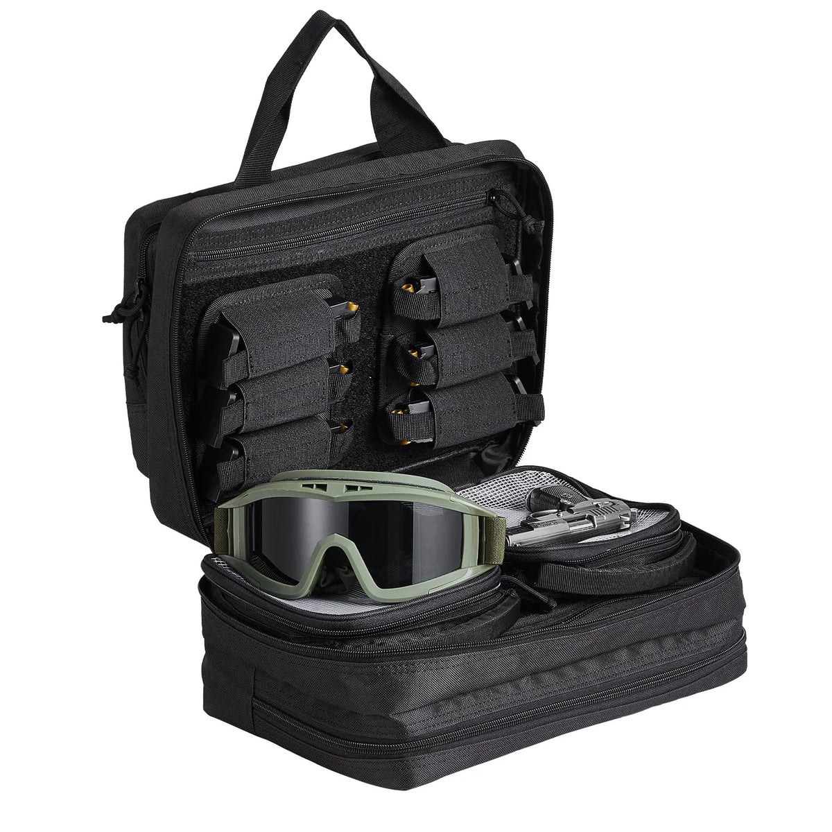 Taktiskā šautuves soma divām pistolēm - 2 noņemamas somiņas, 6 magazīnas, aizslēdzama, melna