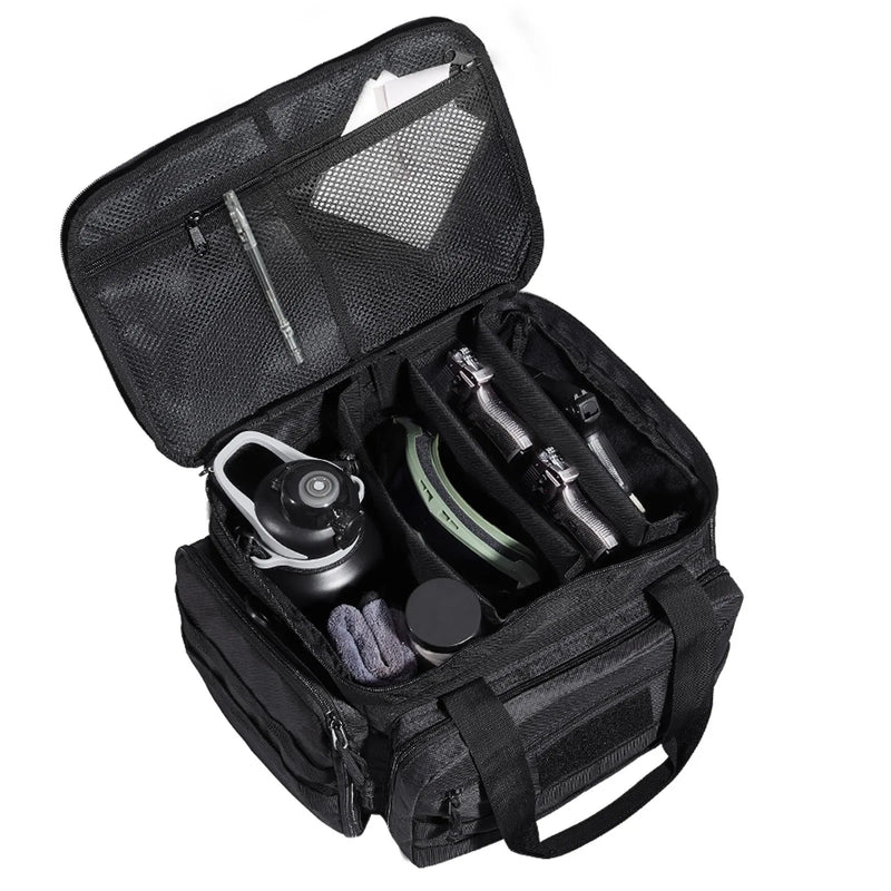 Taktiskā šautuves soma 4 pistolēm — 3 noņemami ieliktnīši, 6 magazīnas, vienpleca siksna, melna