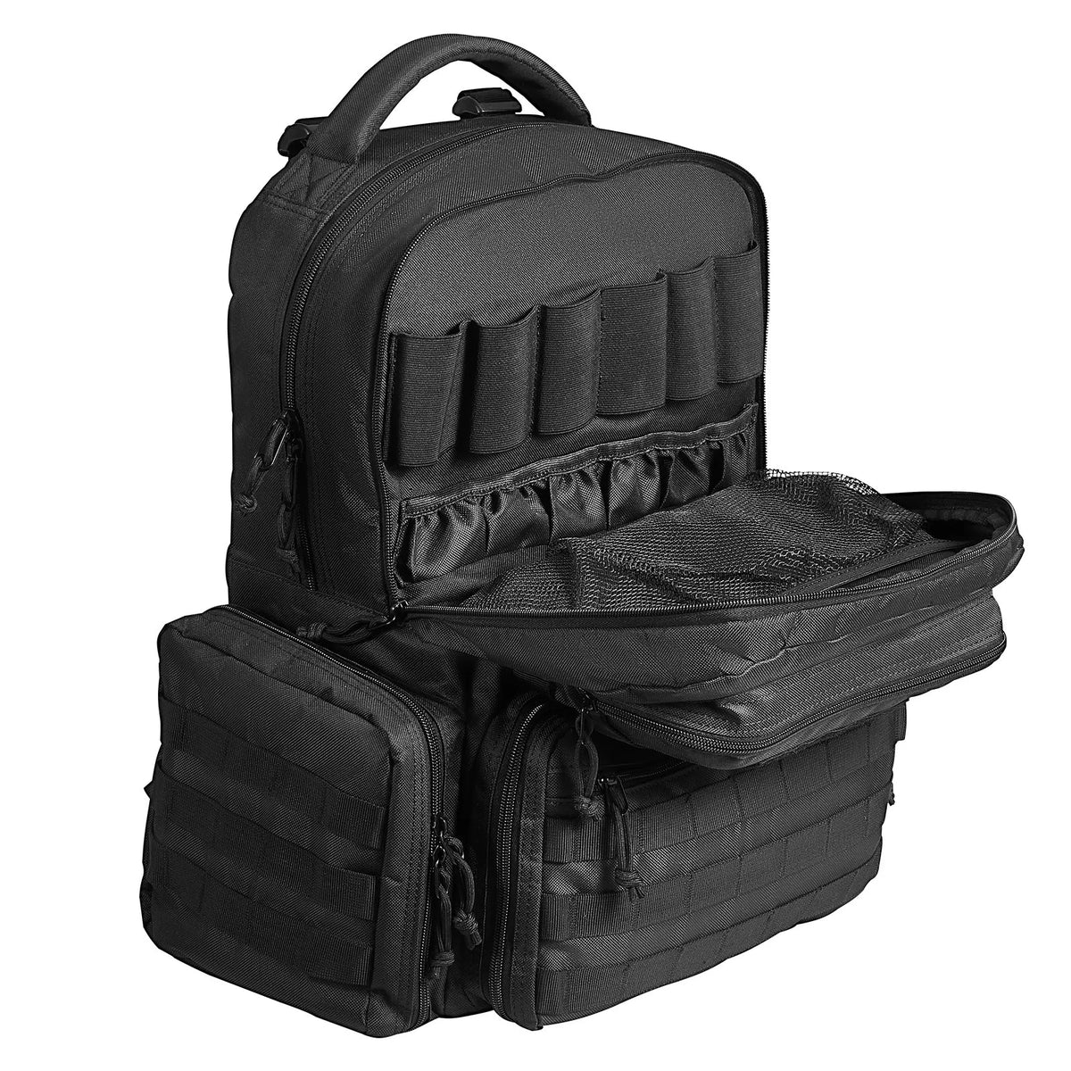 Tactical Backpack for 6 Pistols — 6 Independent Pouches, 10 Magazines, Lockable, Black