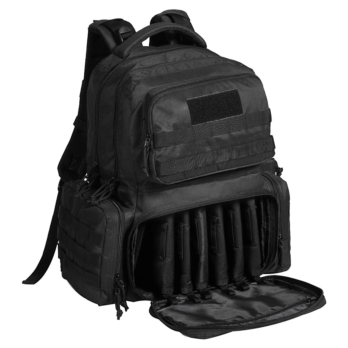Tactical Backpack for 6 Pistols — 6 Independent Pouches, 10 Magazines, Lockable, Black