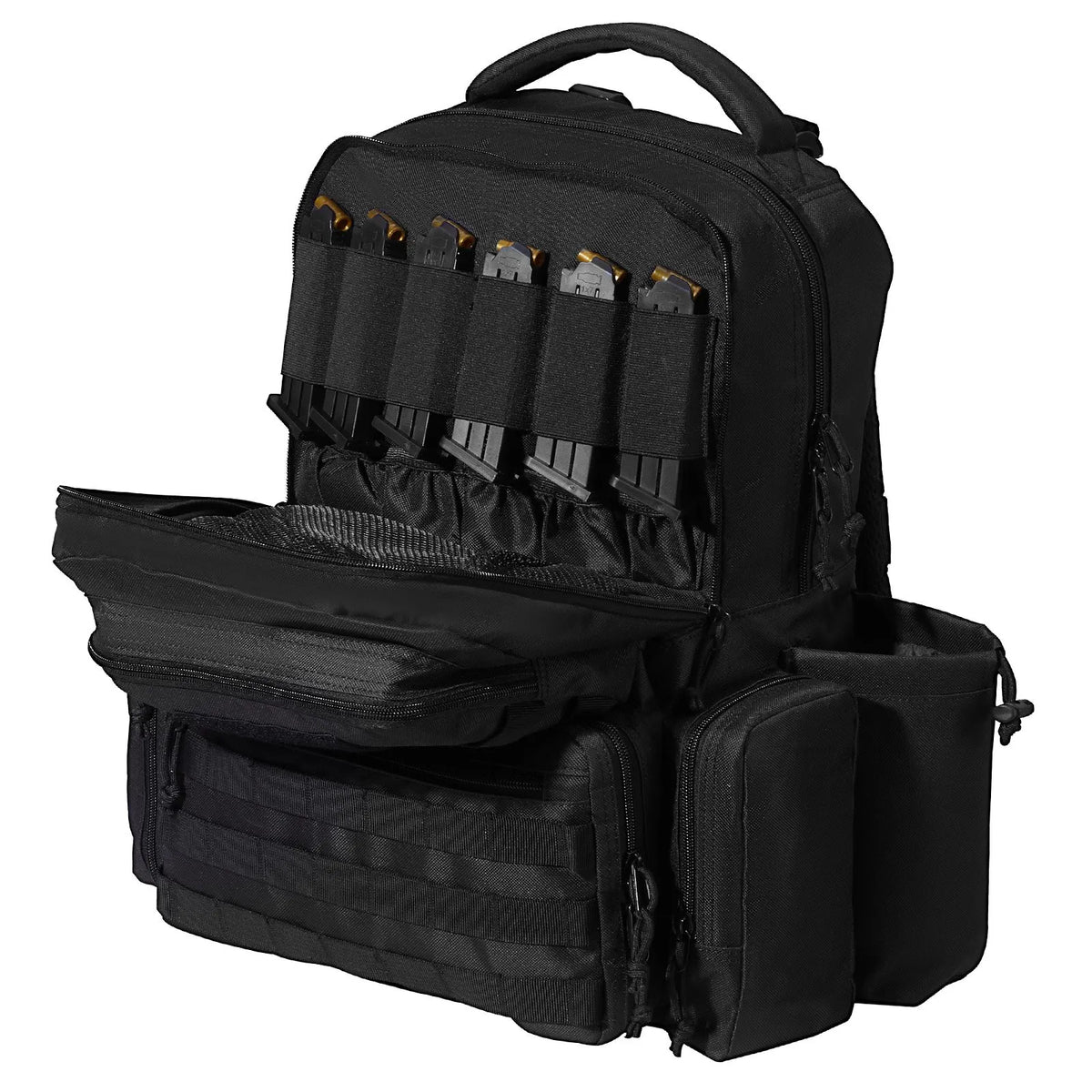 Tactical Backpack for 6 Pistols — 6 Independent Pouches, 10 Magazines, Lockable, Black