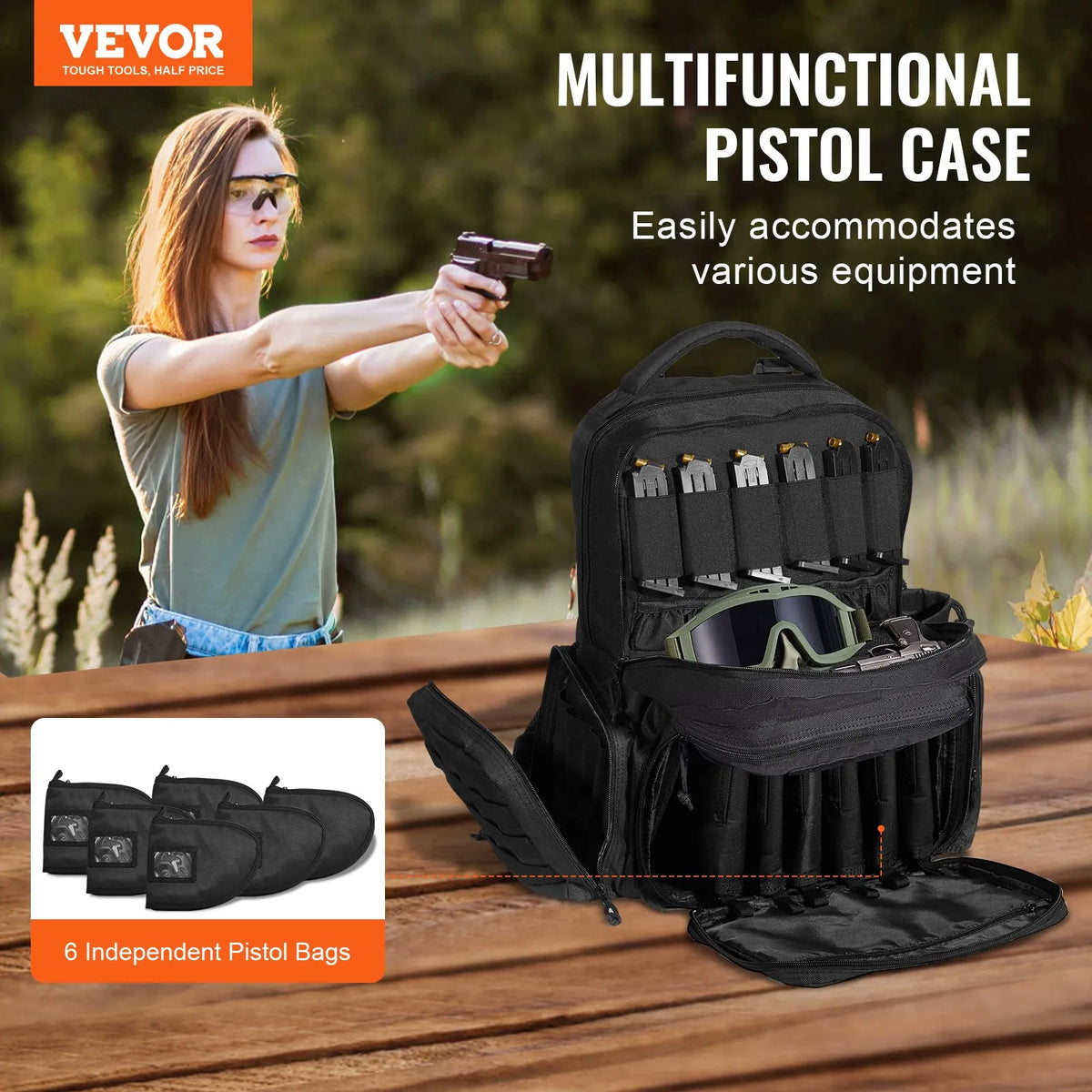 Tactical Backpack for 6 Pistols — 6 Independent Pouches, 10 Magazines, Lockable, Black
