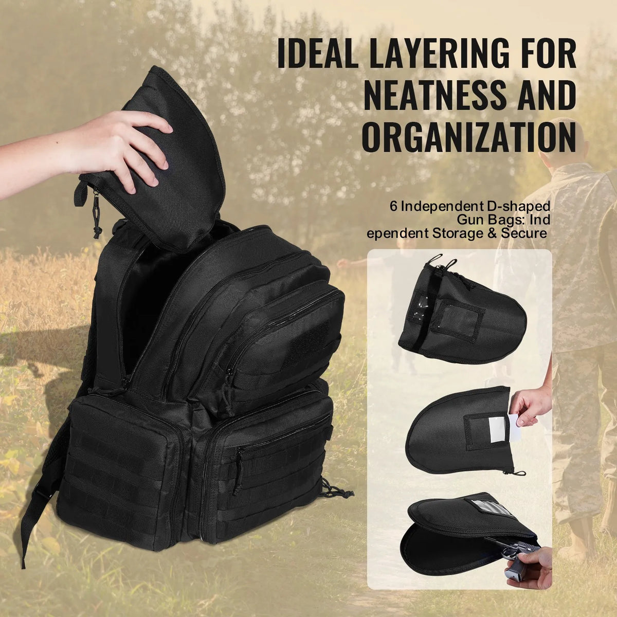 Tactical Backpack for 6 Pistols — 6 Independent Pouches, 10 Magazines, Lockable, Black